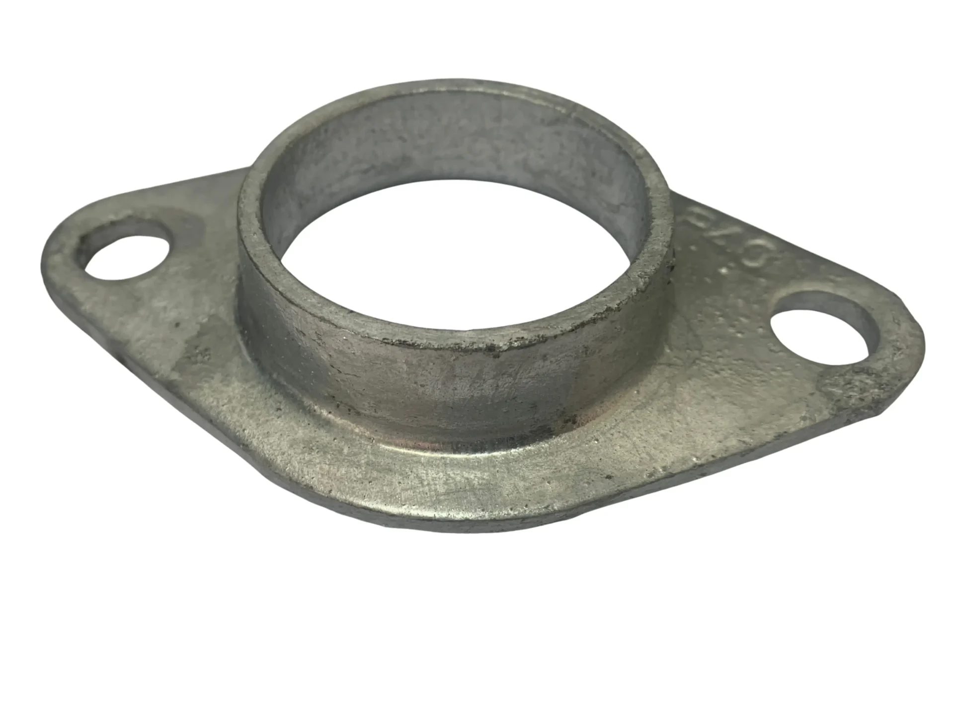 40NB Oval Pipe Flange Galvanised – heavy-duty cast metal flange with two bolt holes for securing 40NB pipe (48.3mm OD) in fencing and gate installations
