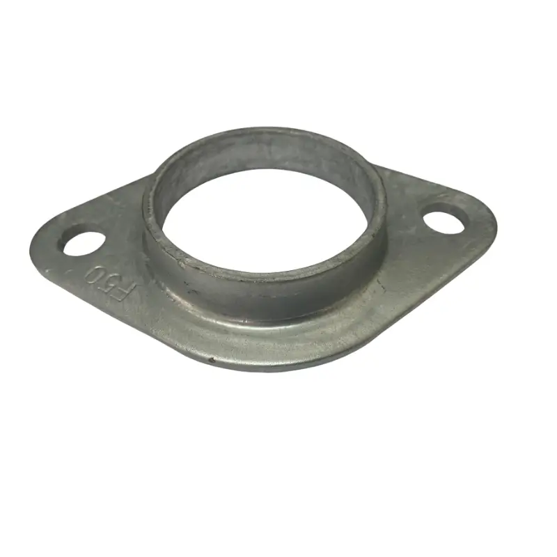 50NB Oval Pipe Flange Galvanised – heavy-duty cast metal flange with two bolt holes for securing 50NB pipe in fencing and gate installations